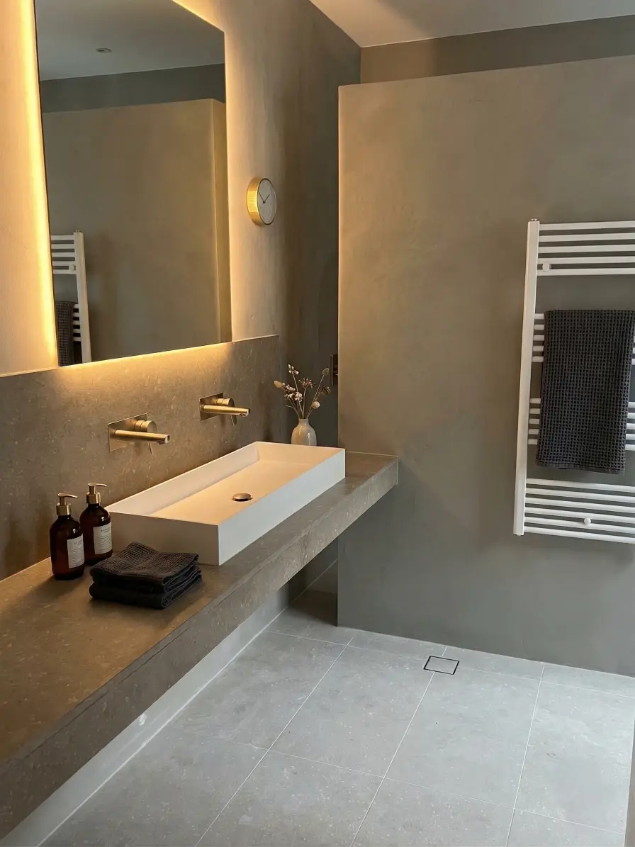 Greece Olivo Sandblasted brushed floor + honed vanity top (3)